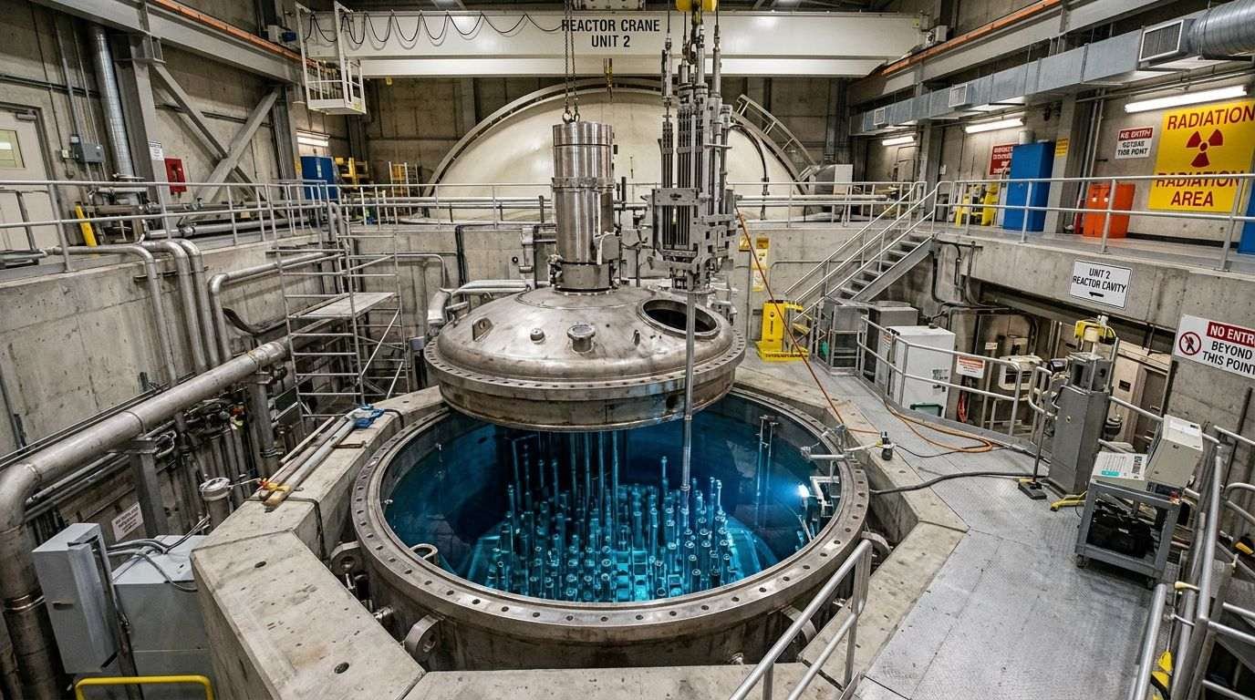 Technicians inspect an open reactor vessel inside a radiation-controlled facility