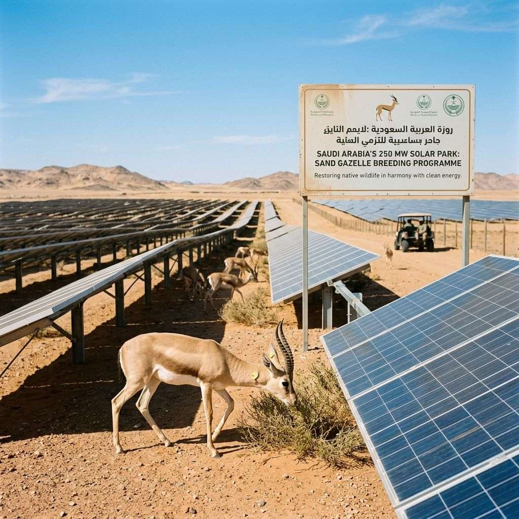 Sand gazelle beside solar panels beneath a sign for Saudi Arabia’s 250 MW solar park