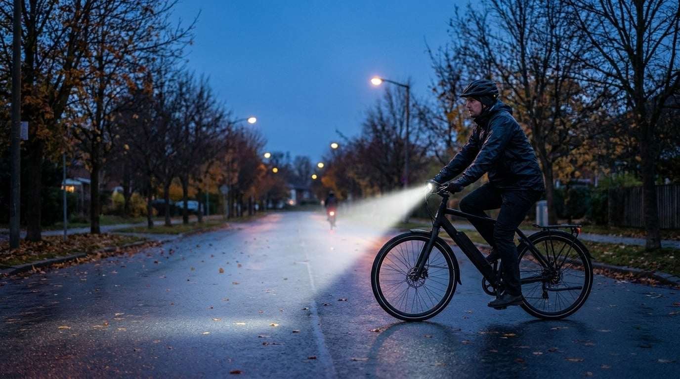 Illustration of a commuter riding an electric bike at dusk with a bright headlight beam on a wet autumn street