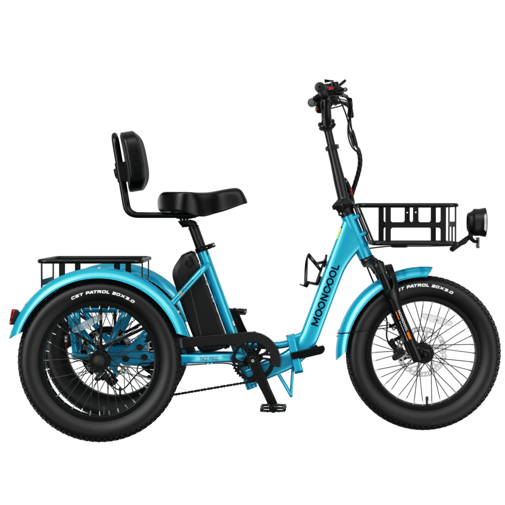 MoonCool TK2 Pro folding electric trike with backrest and baskets, side view, manufacturer product image