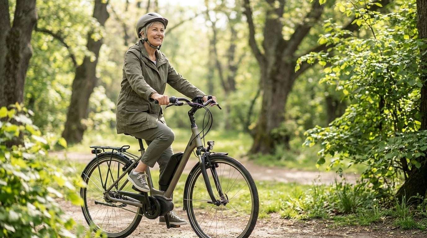 Smiling woman in her sixties wearing a helmet rides an upright step-through electric bike on a sunny tree-lined park path