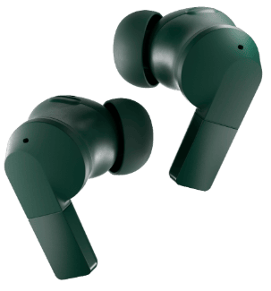 Two dark green Fairphone Fairbuds 2 wireless earbuds, shown at different angles against a transparent background.
