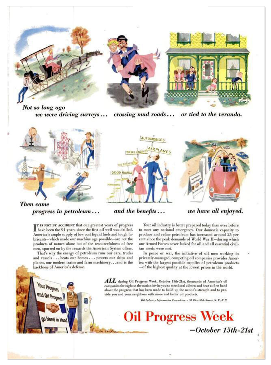Ad for Oil Progress Week featuring illustrations of a horse-drawn carriage, a couple crossing a muddy road, and smiling people driving a car
