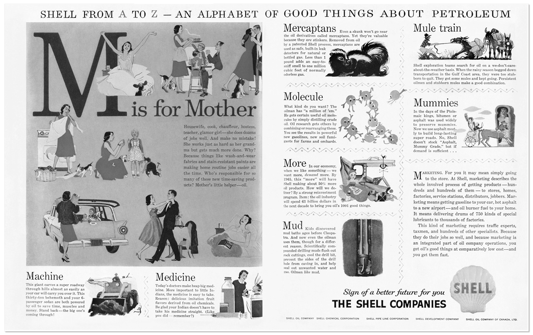 Ad featuring illustrations of a mother doing various tasks alongside oil facts and benefits