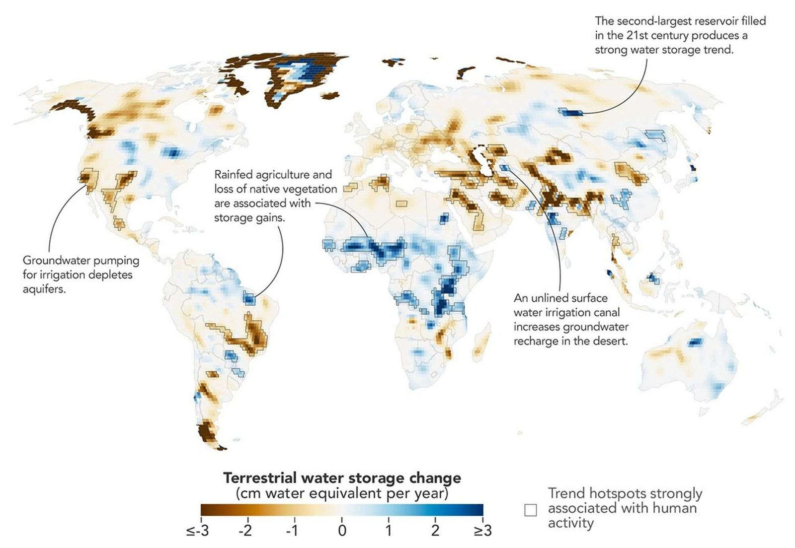 A global map depicts trends of terrestrial water storage over more than two decades, with increases shown in shades of blue and declines in orange and brown.