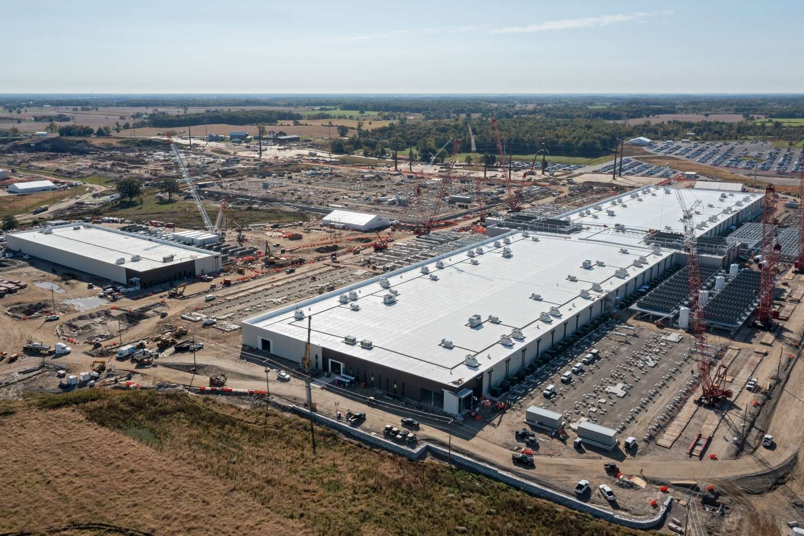 Construction proceeds on a $16 billion data center developed for Oracle and OpenAI in Saline Township, Michigan. Many residents of the community opposed the project, worried about the loss of farm land and the project's impact on energy and water.