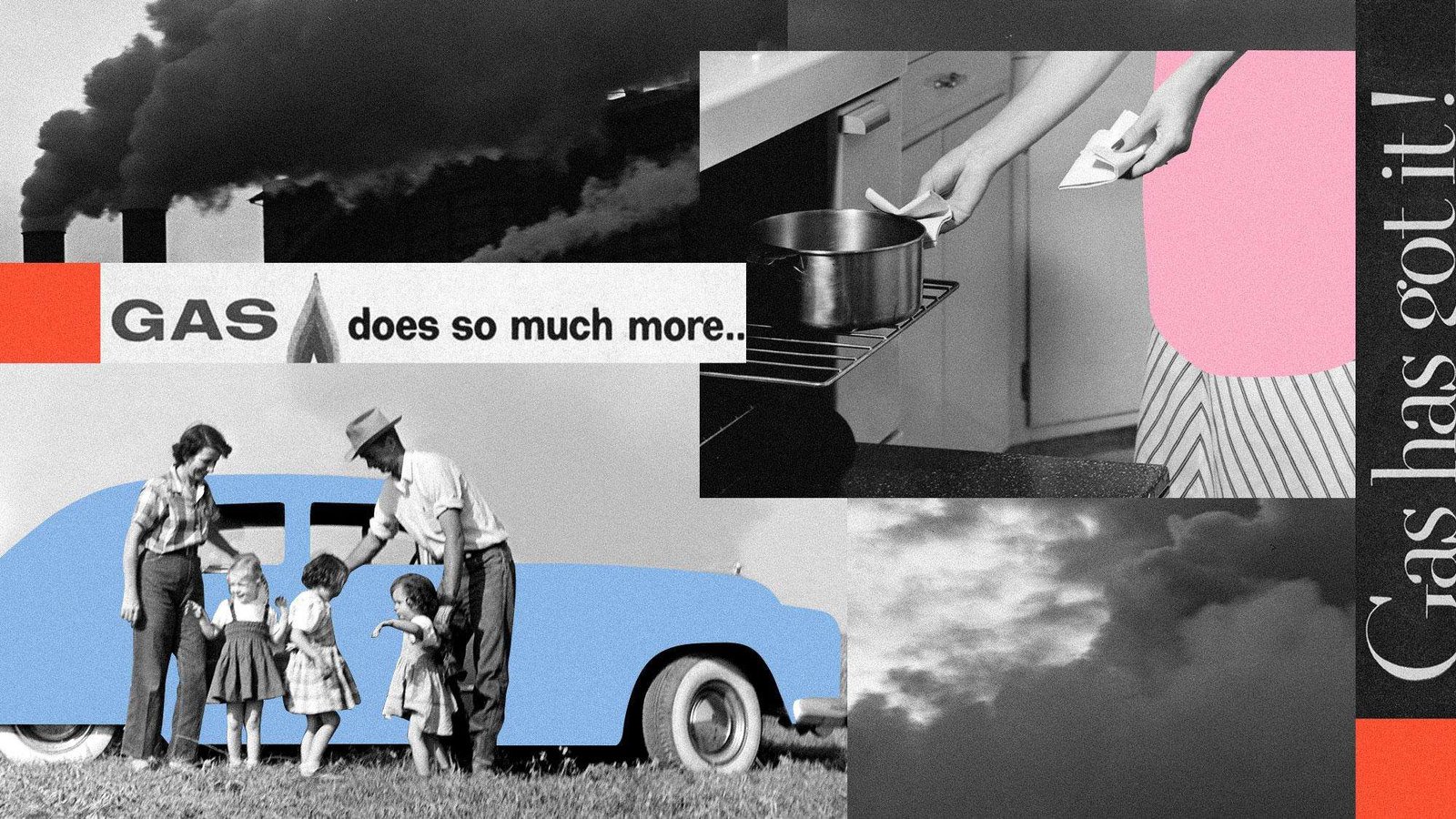 Collage of smokestacks, ad snippets, family beside a car, and woman pulling a pan out of the oven