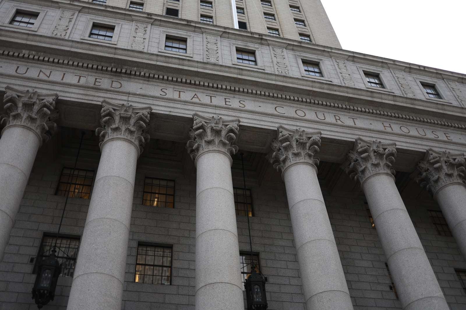 Close-up of the front facade of the federal courthouse in New York City