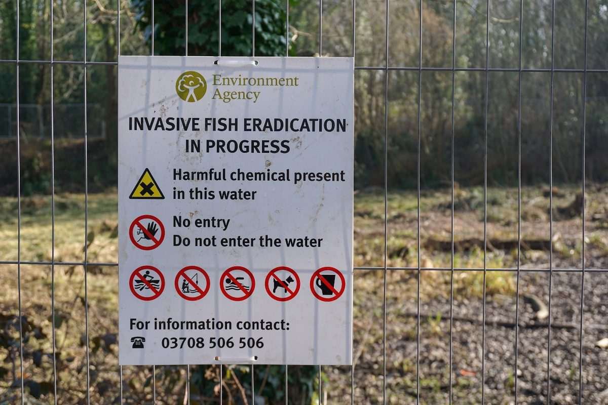Environment Agency warning sign at an invasive fish eradication site