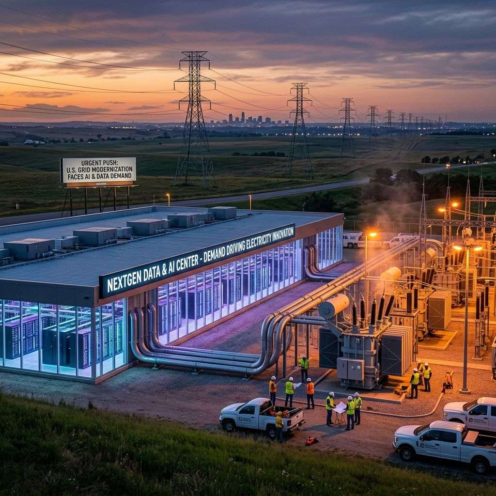 Billboard reads “URGENT PUSH: U.S. GRID MODERNIZATION FACES AI DATA DEMAND”; building reads “NEXTGEN DATA & AI CENTER - DEMAND DRIVING ELECTRICITY INNOVATION.”