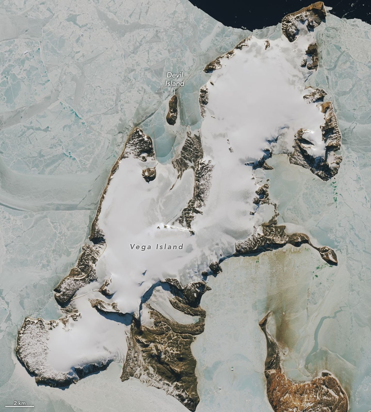 Part of an ice-covered Antarctic island has the appearance of a grinning skull in profile. Some of the face has a gray appearance where seasonal snow is gone and bare ice is exposed.