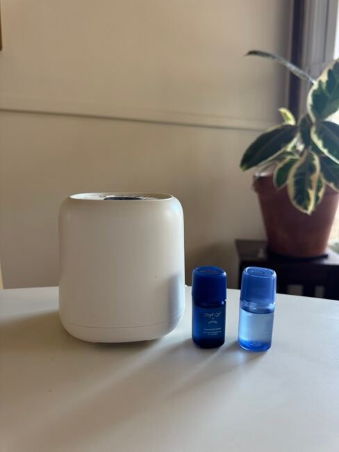 A white diffuser sits on a table next to two small blue bottles, with a potted plant in the background near a window.