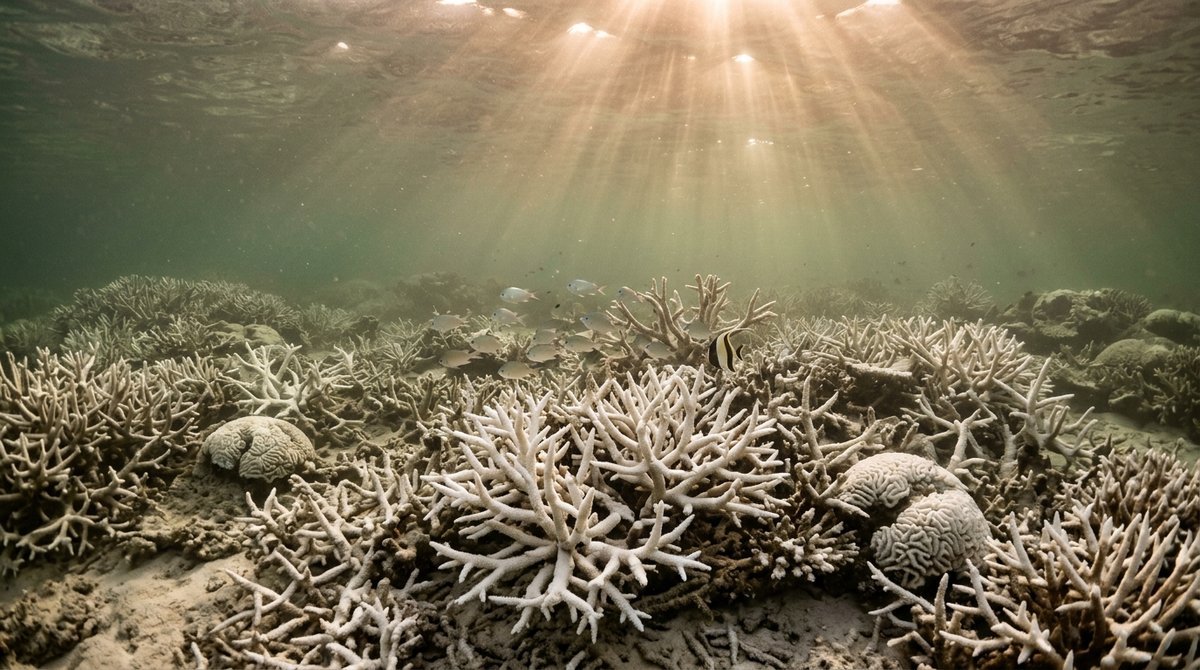Bleached white coral reef underwater with sparse fish, warm murky water illustrating damage from marine heatwaves