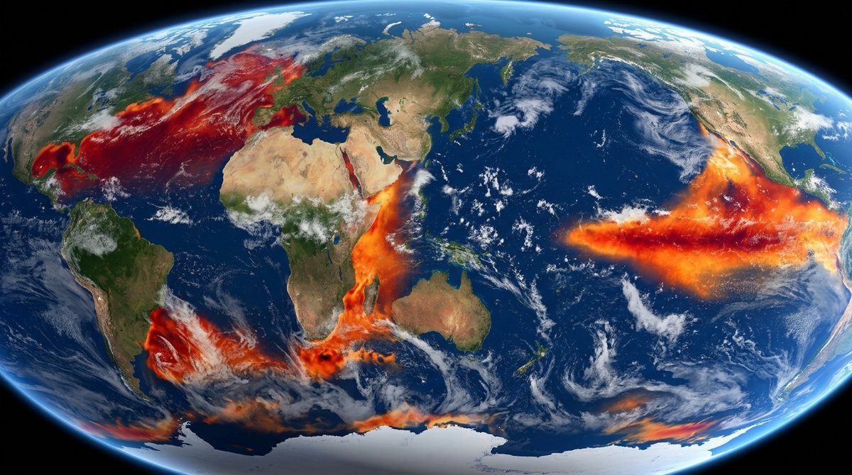 Satellite view of Earth's major ocean basins with heat anomaly color gradients showing record warmth across the world's ocean