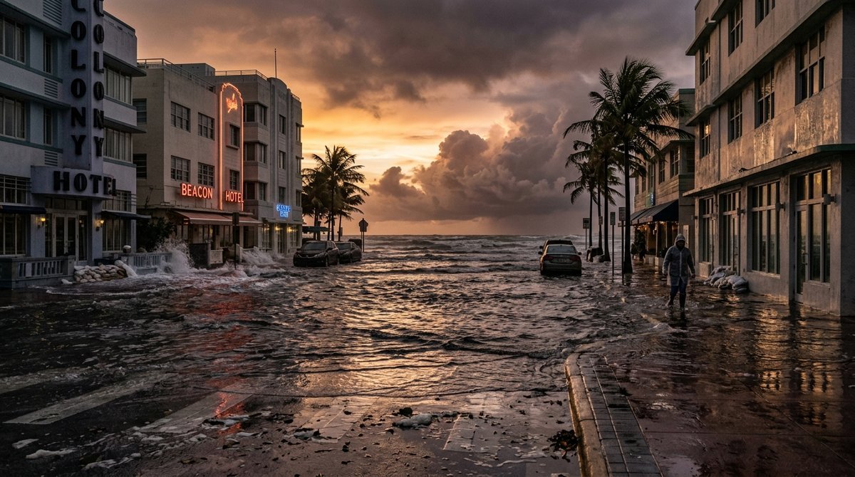 Coastal street flooded by rising seawater with storm clouds over the ocean horizon, illustrating sea level rise from ocean wa