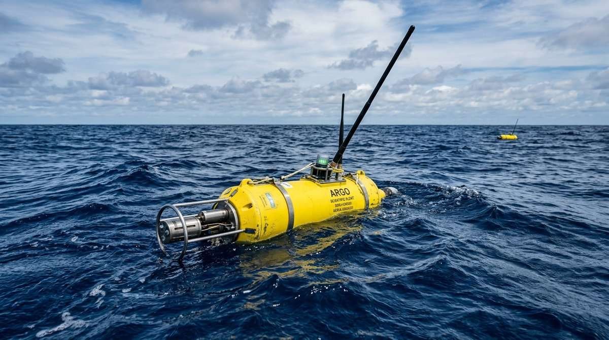 Yellow Argo robotic float on ocean surface with antenna extended, surrounded by deep blue open-ocean water