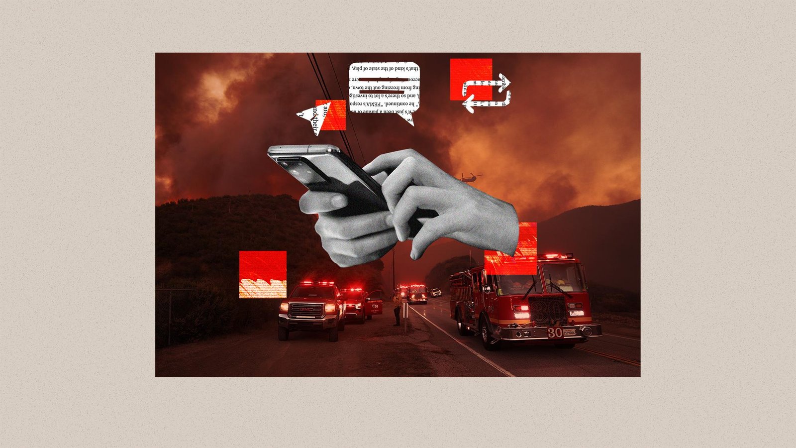 A collage of disaster photos, glitch texture, and social media alerts