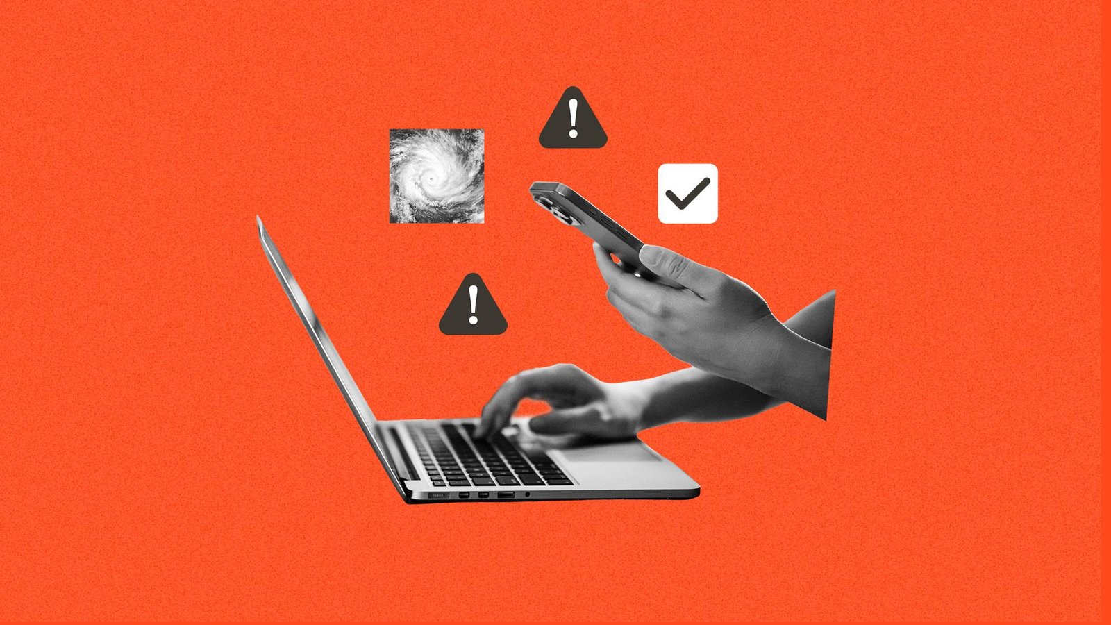 A collage of emergency alerts, hands, and a laptop representing fact-checking